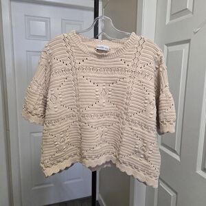 Gallery 100% Cotton Textured Knit Top Neutral Beige Short Sleeve Oversized